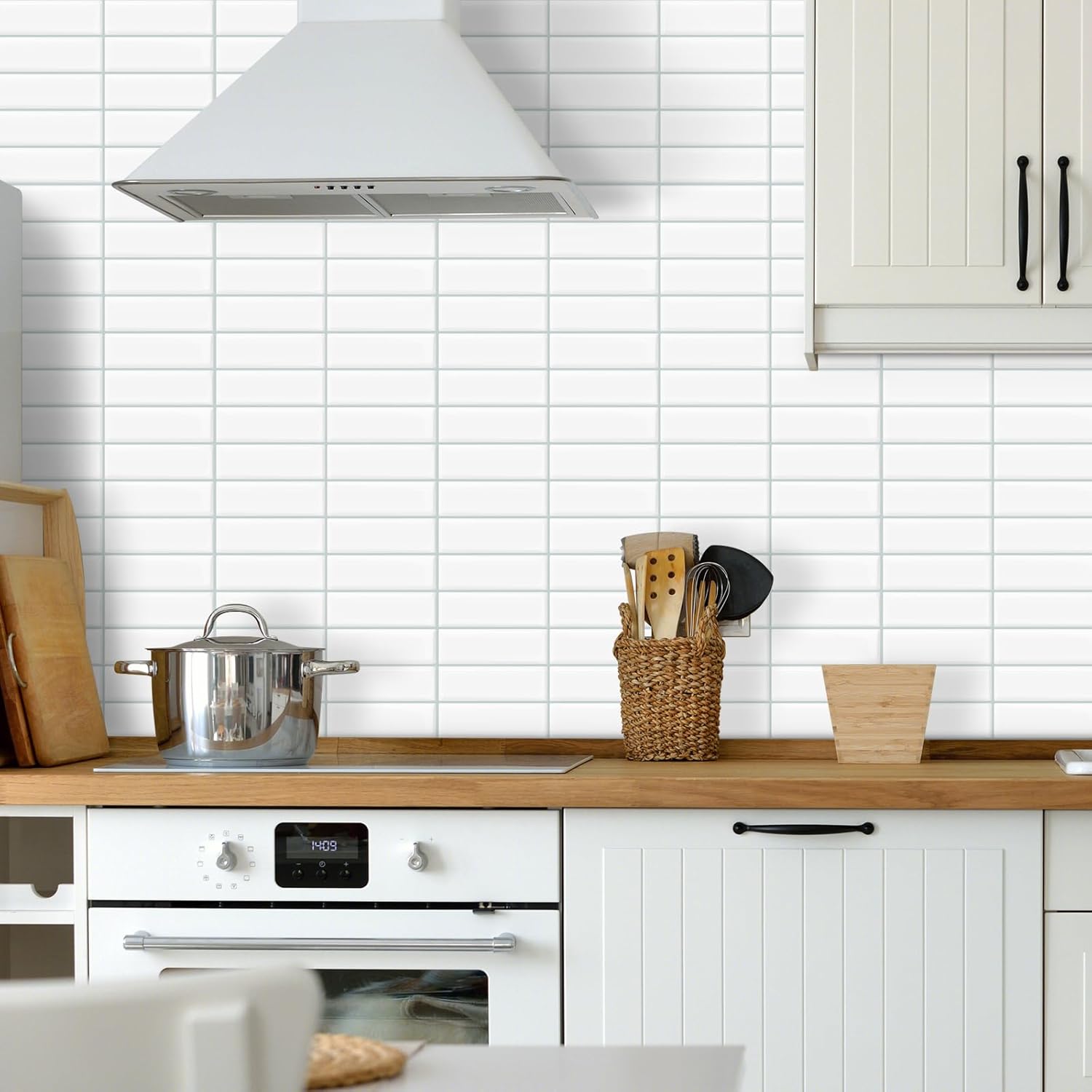 Thumbnail 4 de DEWOO lot de 10 carreaux adhésifs 3D pour mur et crédence (blanc, métro rectangulaire) 30,5 x 30,5 cm