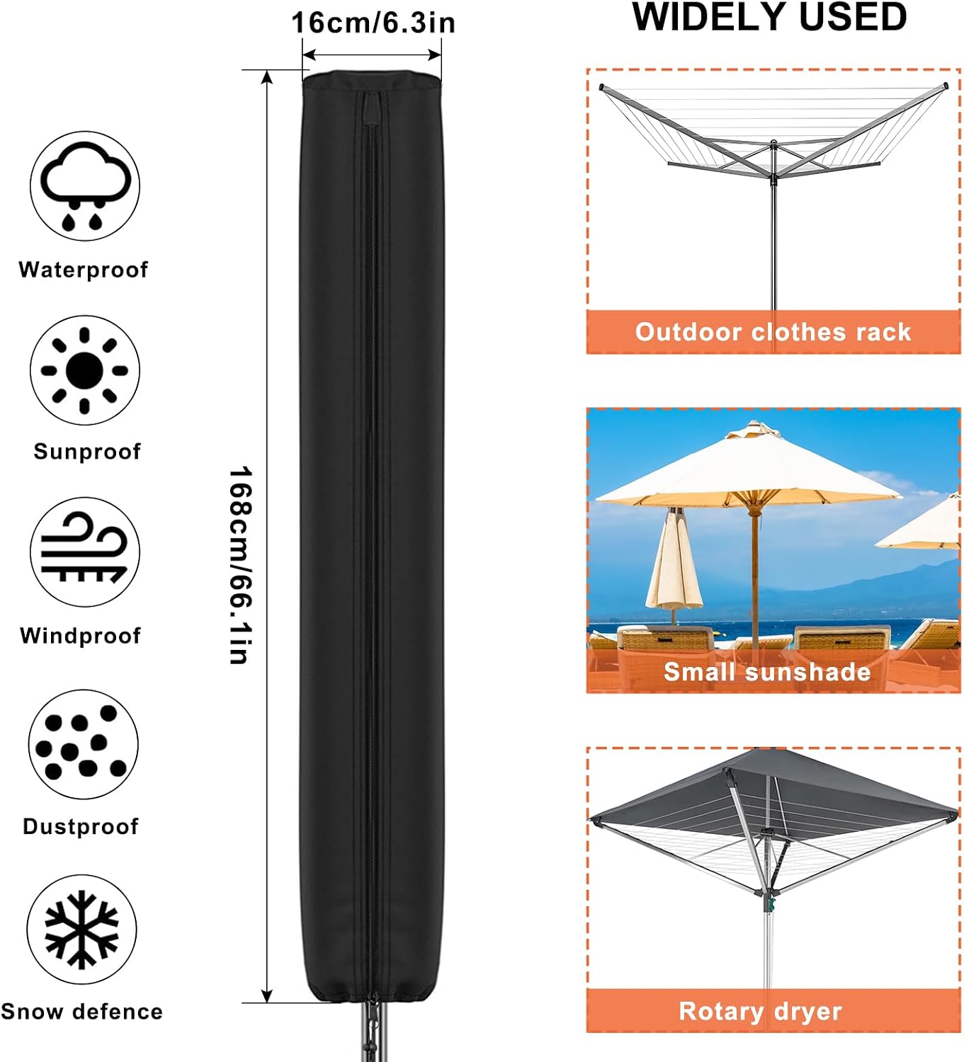 Detalle 2 de Newthinking Rotary Washing Line Cover (420D) waterproof rotary dryer cover with zip, 168x16x16cm, black