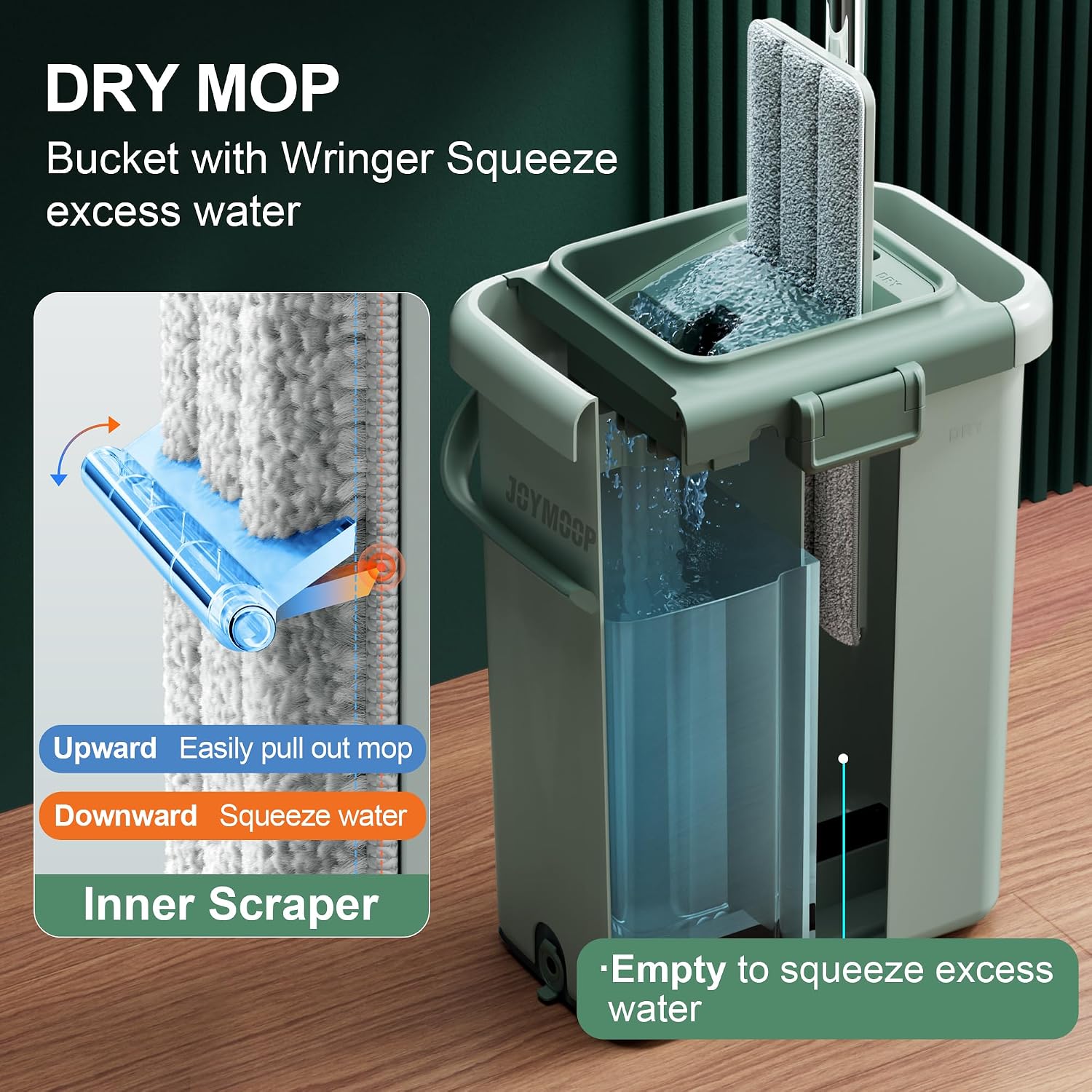 Detalle de JOYMOOP Bucket #5 Green Flat Mop System with Dual-Chamber Bucket and 8 Pads