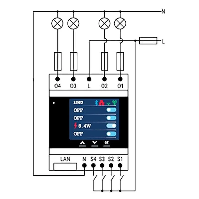 Detalle 2 de Shelly Pro 4PM: Relé Wi‑Fi/LAN/Bluetooth para carril DIN con 4 circuitos (16 A c/u)