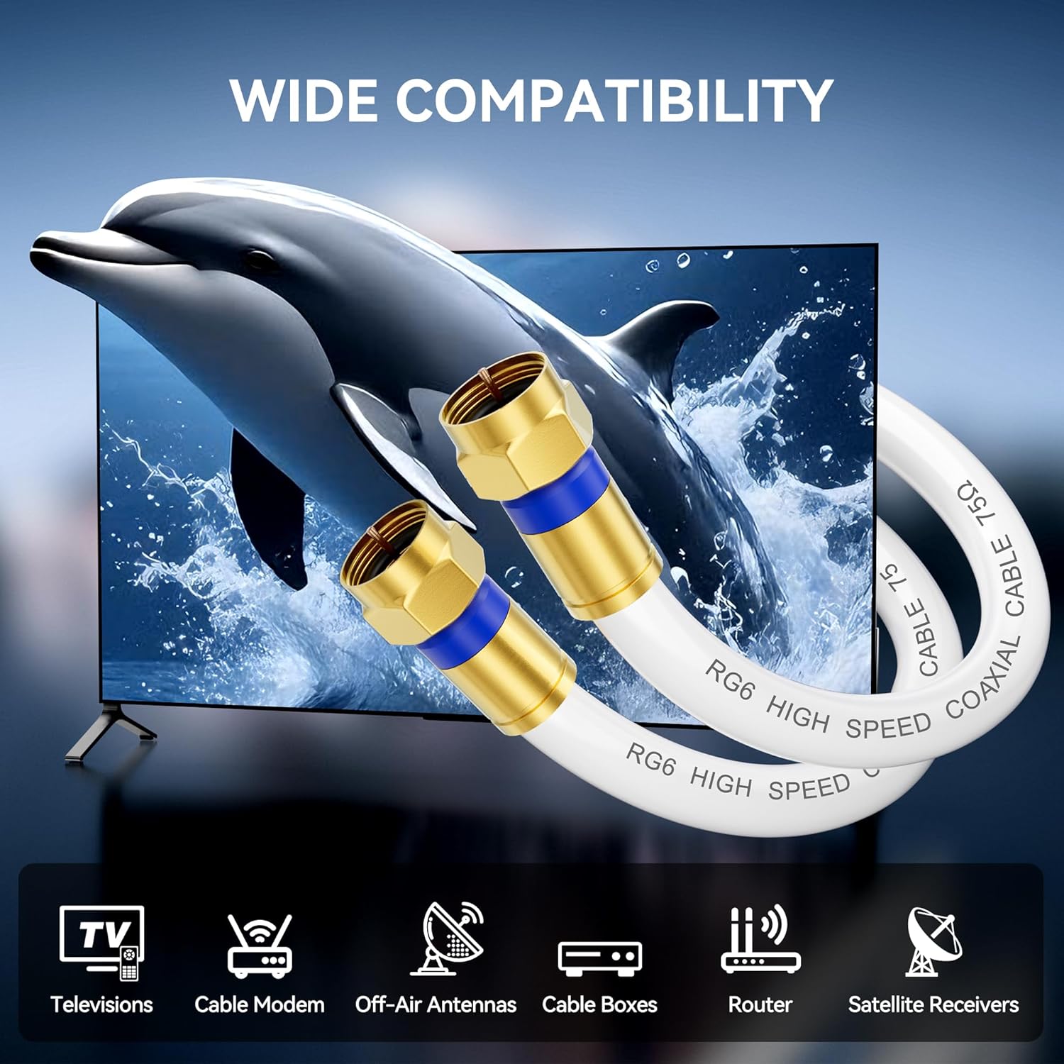 Detalle 2 de RG6 Coaxial Cable with Gold-F-Type Connectors (White) – Multiple Lengths for HDTV, Internet & Satellite