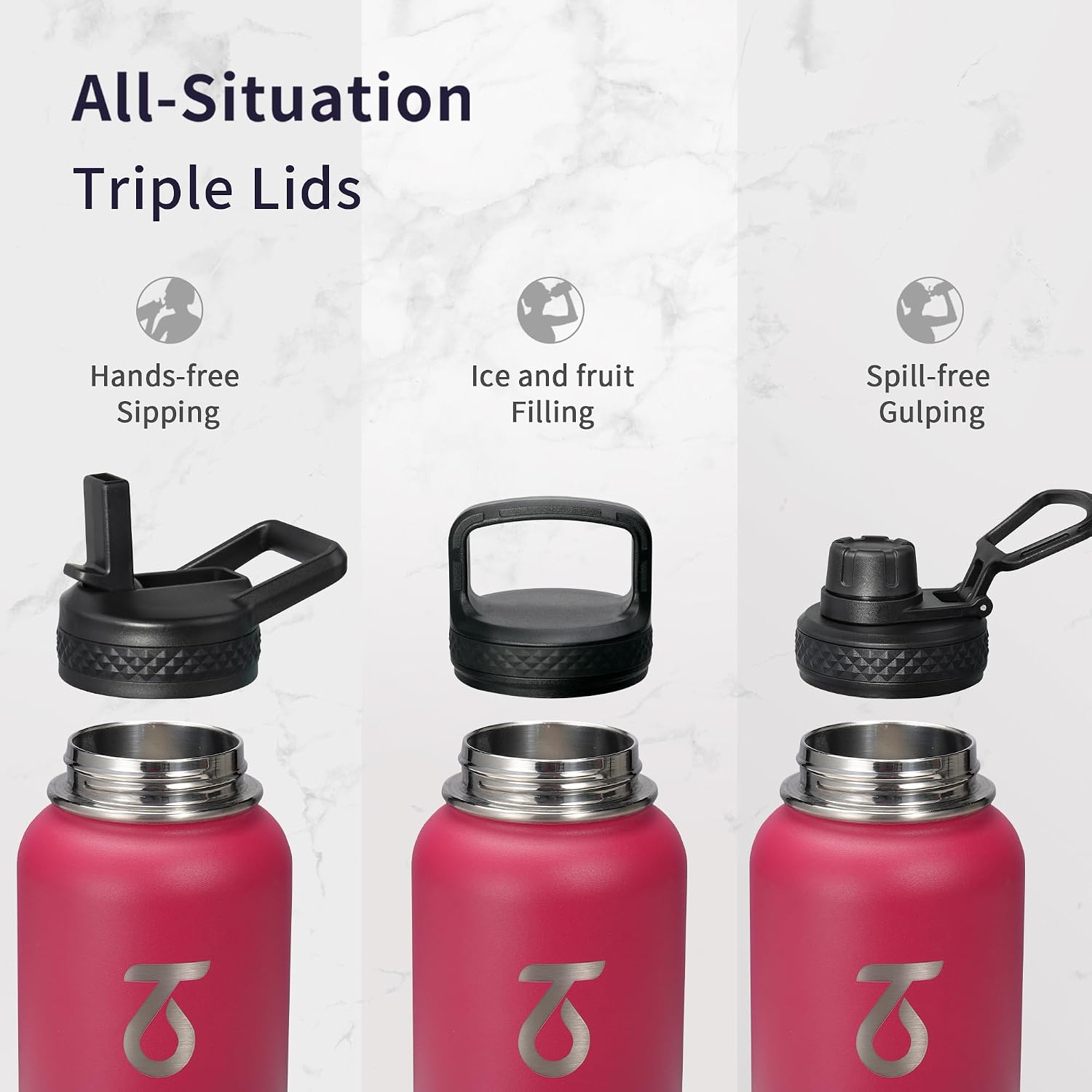 Detalle 1 de Trebo 40oz Vacuum Water Bottle with 3 Lids 💧
