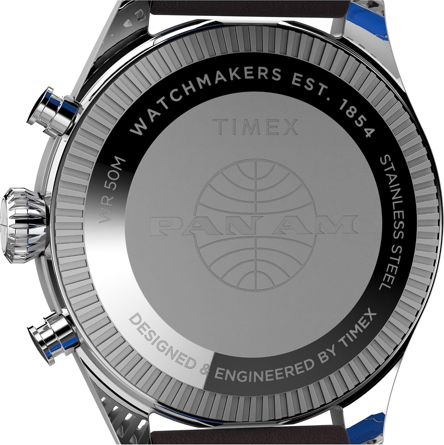 Detalle de Timex X Pan Am Chronograph für Herren, 42 mm – Edelstahlgehäuse, blaues Zifferblatt, Quarz