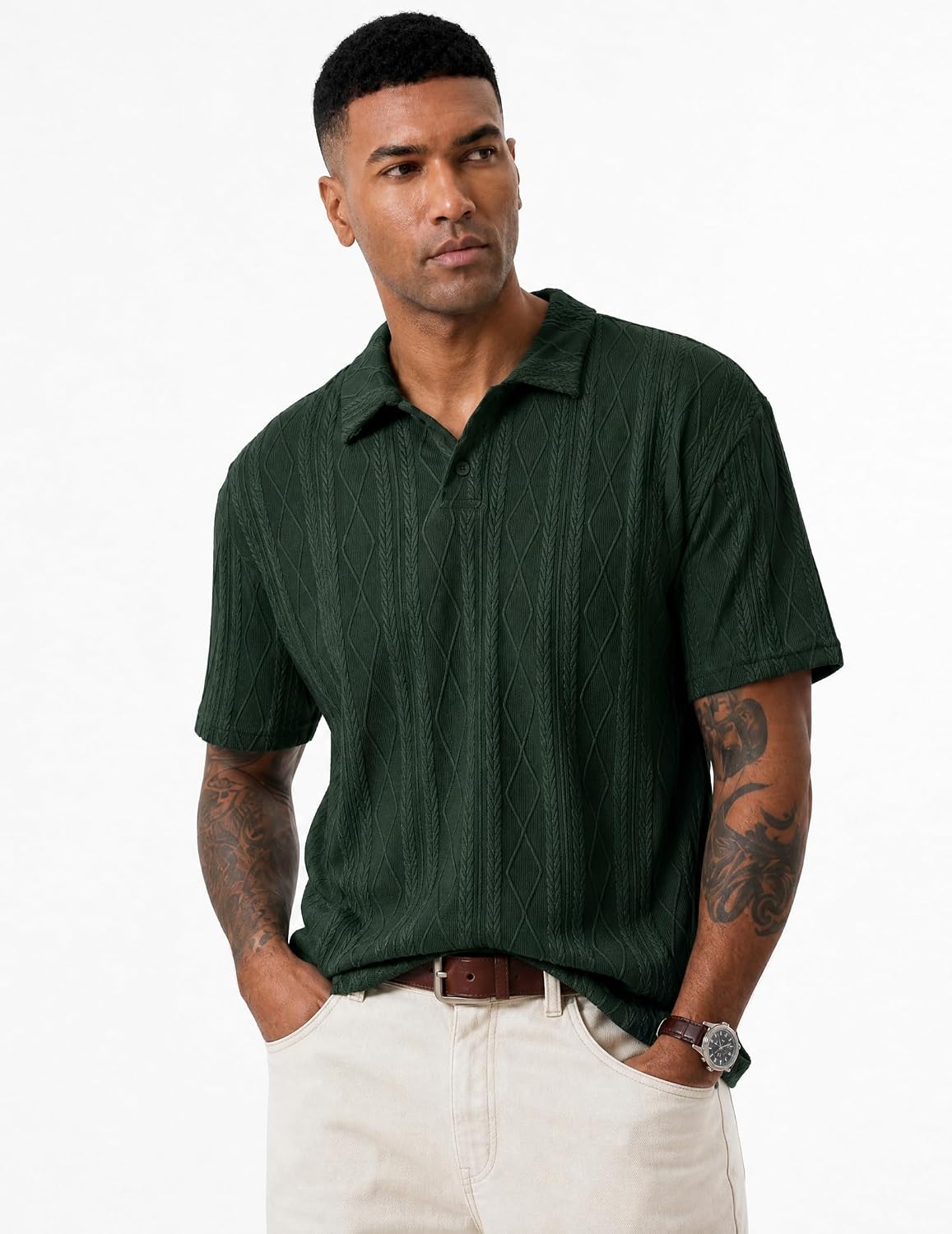 Detalle de JMIERR Men’s Textured Knit Polo Shirt with Button Closure, Short Sleeve Stretchy Casual Summer Golf Shirt