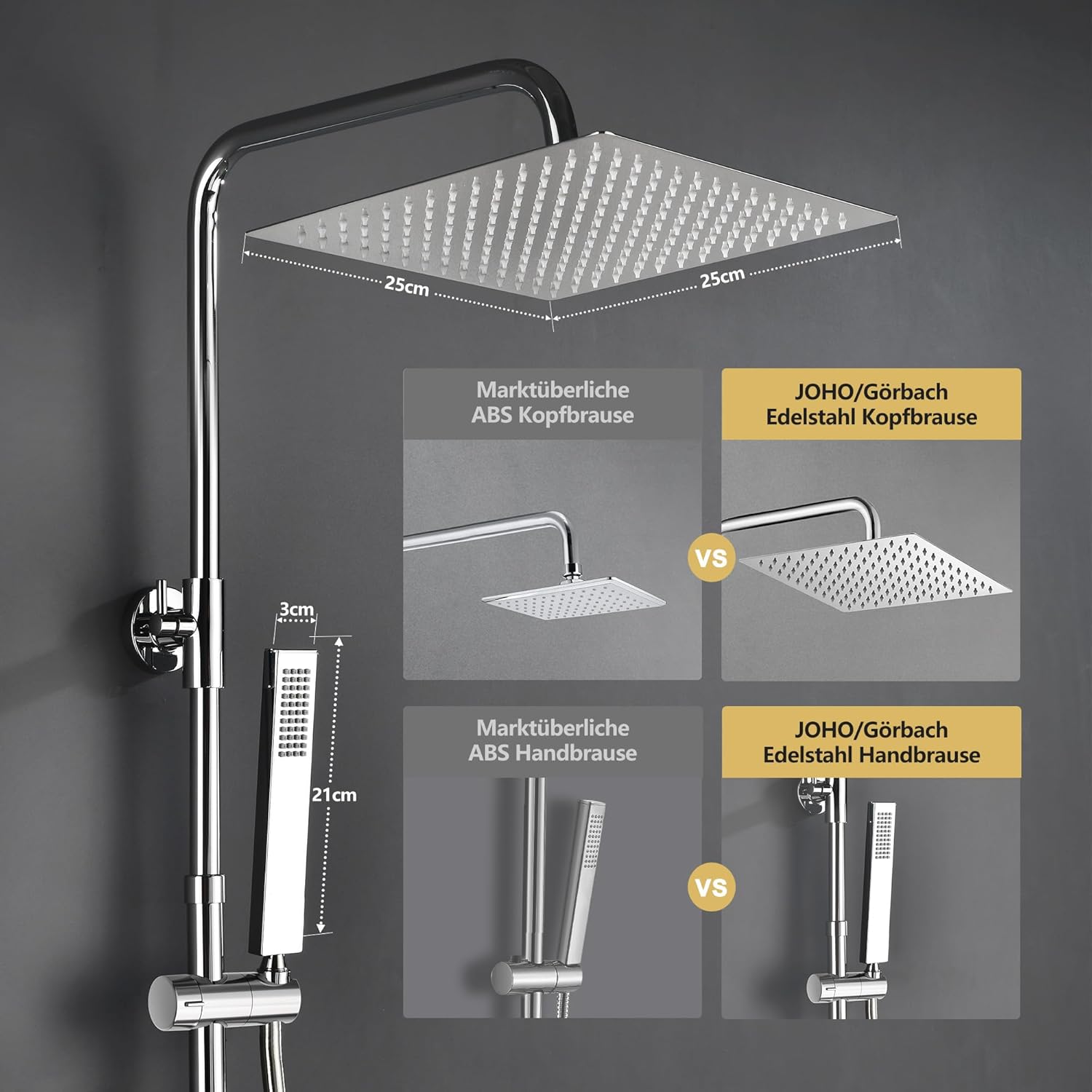 Detalle de Görbach Kit Doccia con termostatico in acciaio INOX 304 e soffione a pioggia cromato