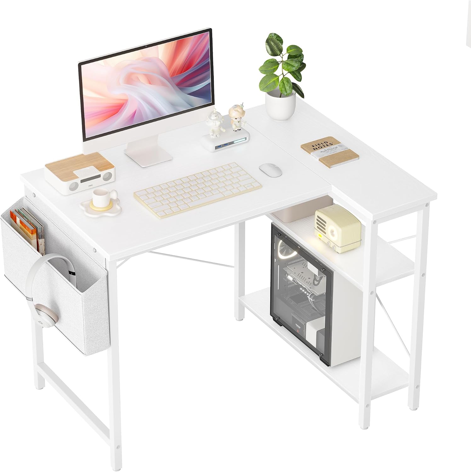 Detalle de BEXEVUE L Shaped Corner Desk – 100x70 cm: Space-Saving, Reversible Shelving for Study, Work and Gaming