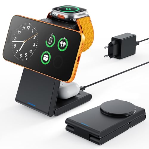 Detalle de GEEKERA Estación de Carga 3 en 1 para Apple: base magnética MagSafe para iPhone, Apple Watch y AirPods (Negro Mate)