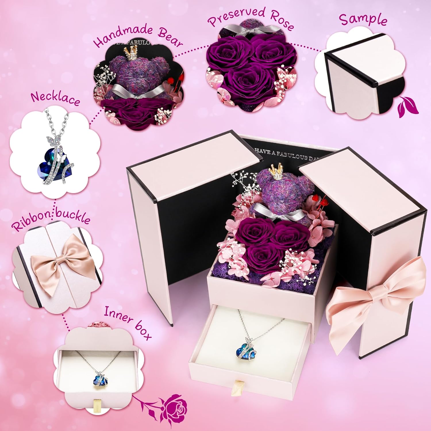 Detalle de CSYY Konservierte Rosen – Ewige Rose mit Herz-Halskette in Lila, Valentinstag-Geschenk