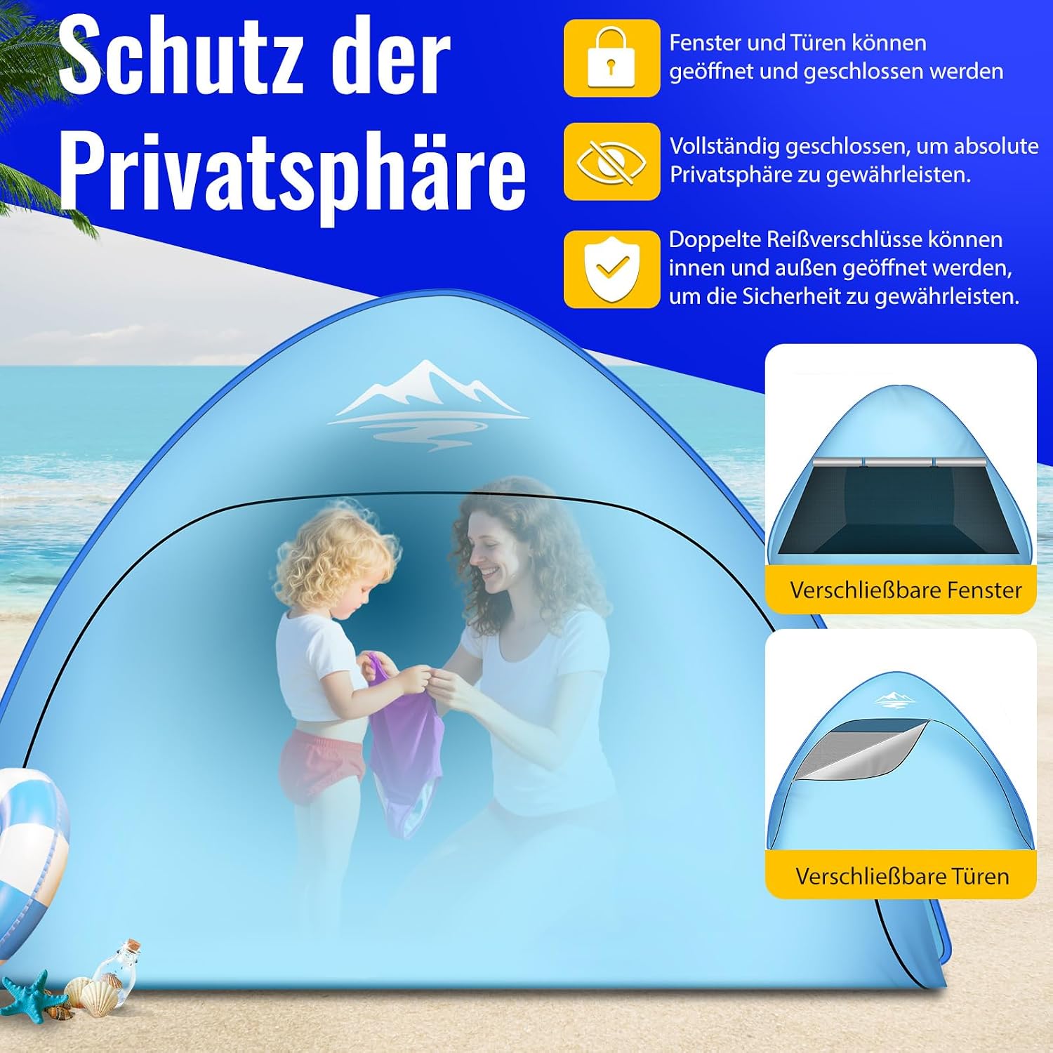 Detalle de Strandmuschel Pop Up Strandzelt 3-4 Personen – UV-Schutz 50+, Windstabil, schnell aufgebaut