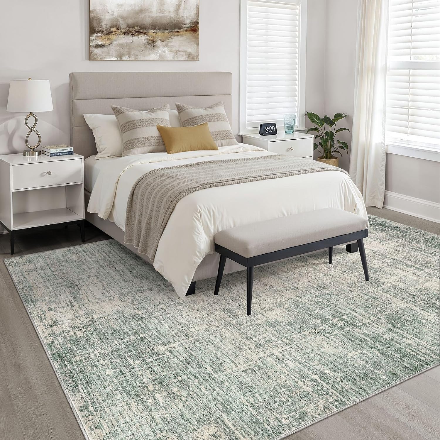 Detalle 2 de 7x9 Area Rug Living Room: Washable Large Neutral Green Abstract Rug