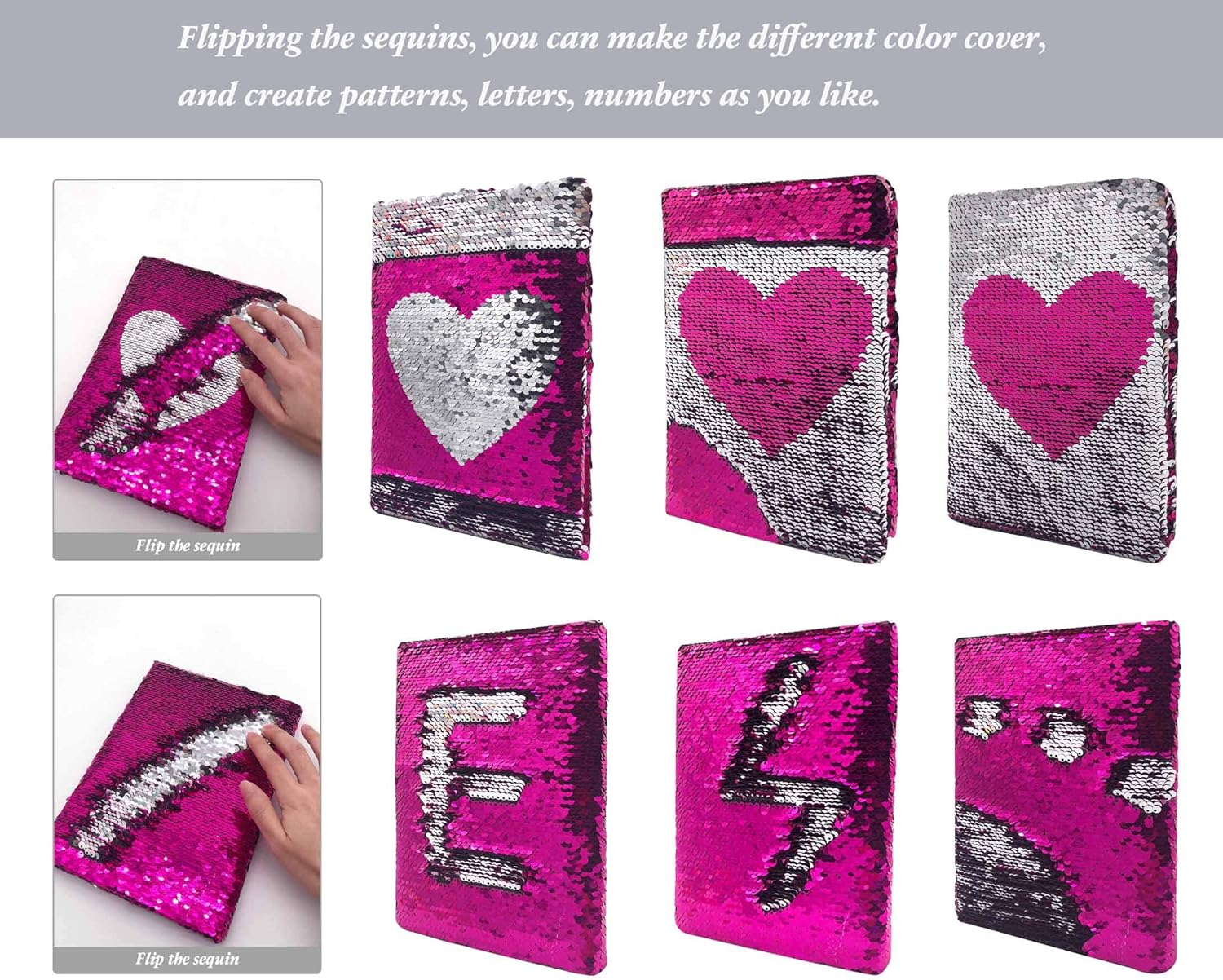 Thumbnail 4 de GINMLYDA Sequin Secret Diary 8.5x5.5 in pink heart 📔