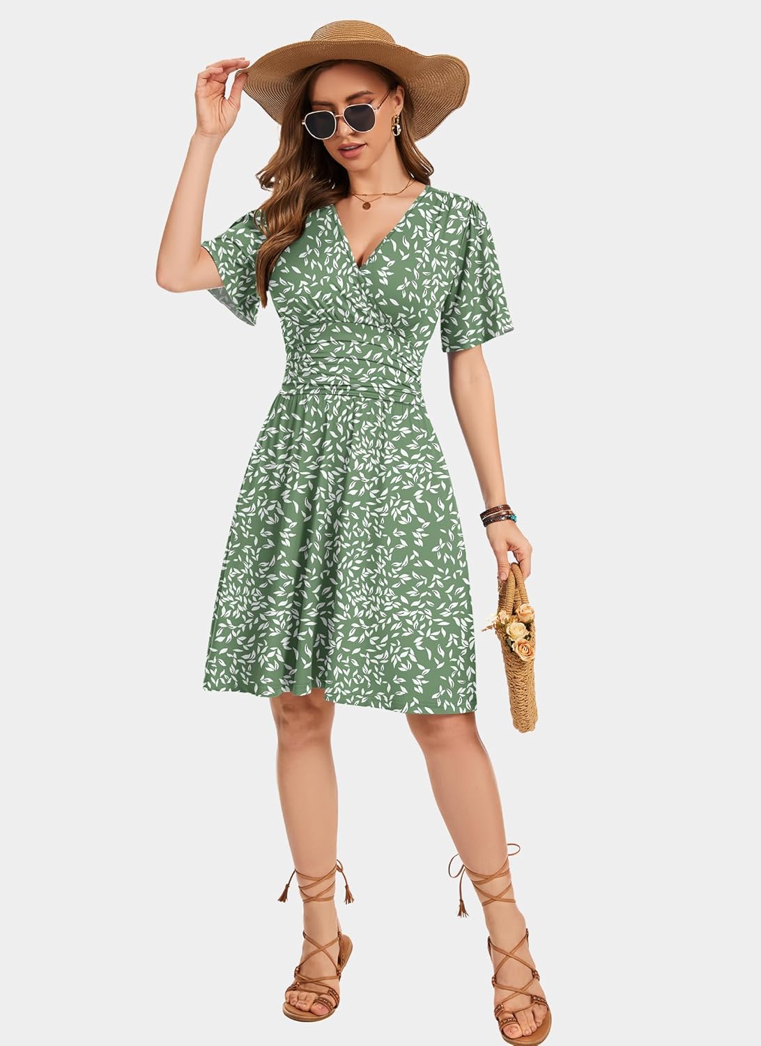 Detalle de WNEEDU Sommerkleid Damen Elegant mit V-Ausschnitt, Empire-Taille und Taschen – Luftiges Strandkleid