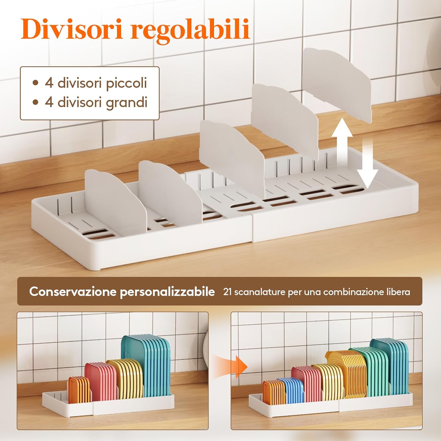 Detalle 2 de Lifewit Porta Coperchi Espandibile 34-62 cm | Organizer per Cassetto con 8 Divisori Regolabili