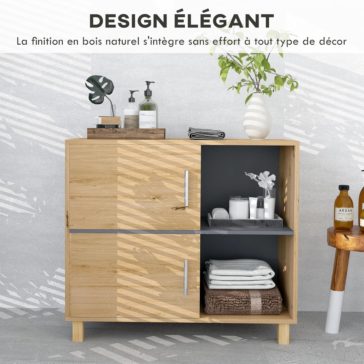 Thumbnail 4 de HOMCOM Meuble de Salle de Bain – rangement 80 x 35 x 70 cm avec placard et compartiments ouverts