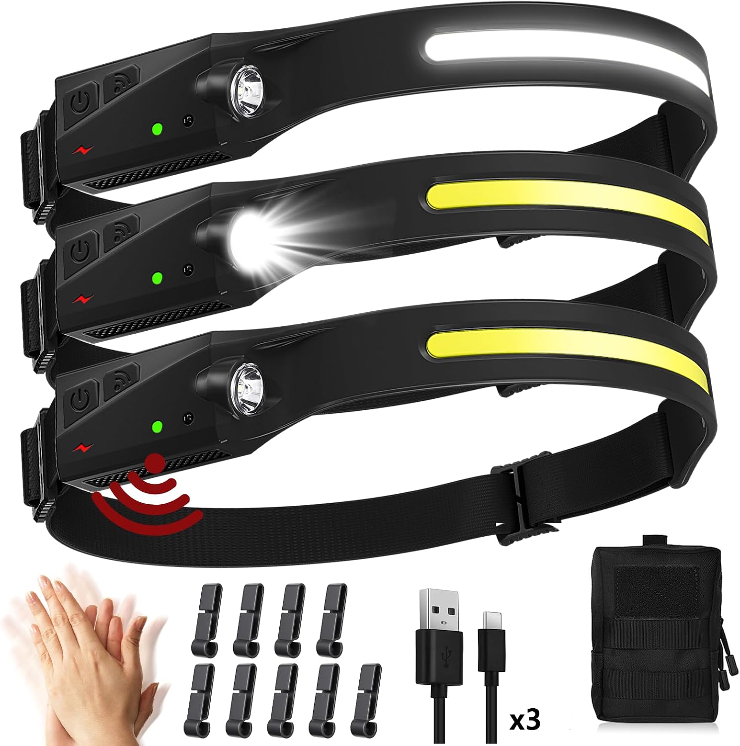 Detalle de KIDECCE GY19 Rechargeable Headlamp, 3-Pack, 350 Lumens, 230° Beam