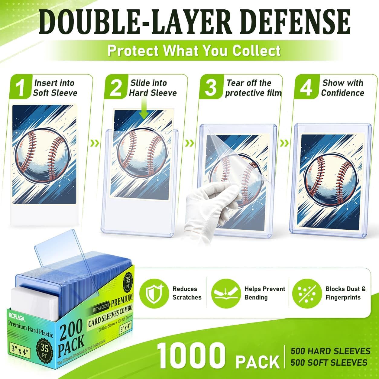 Detalle 2 de RCPLAGA Trading Card Sleeves, 3" x 4" 35PT, 500 Hard and 500 Soft