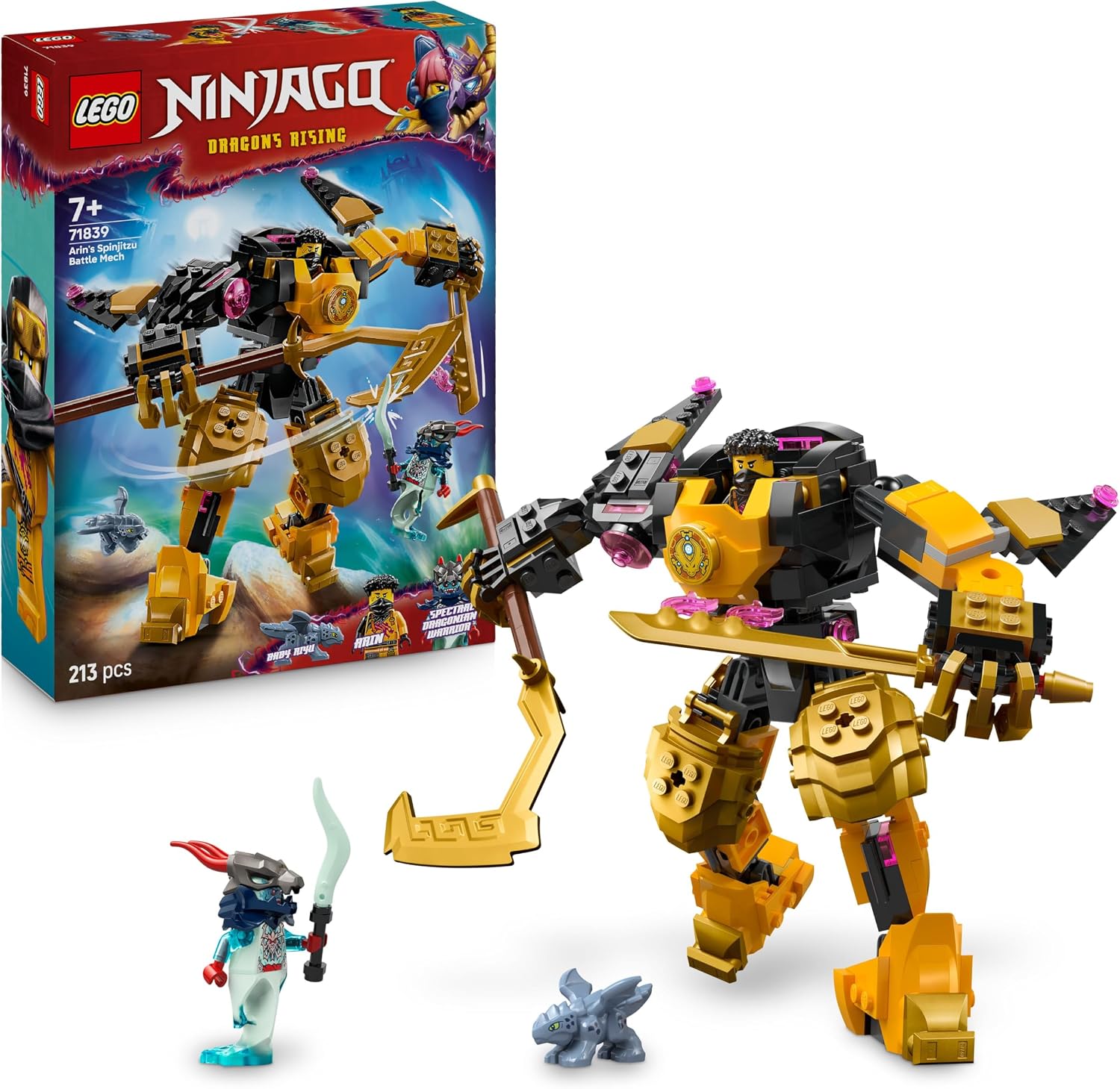 Detalle de LEGO NINJAGO 71839 Arin’s Spinjitzu Battle Mech Toy (Mix & Match posable mech with Baby Riyu dragon + 2 minifigures)