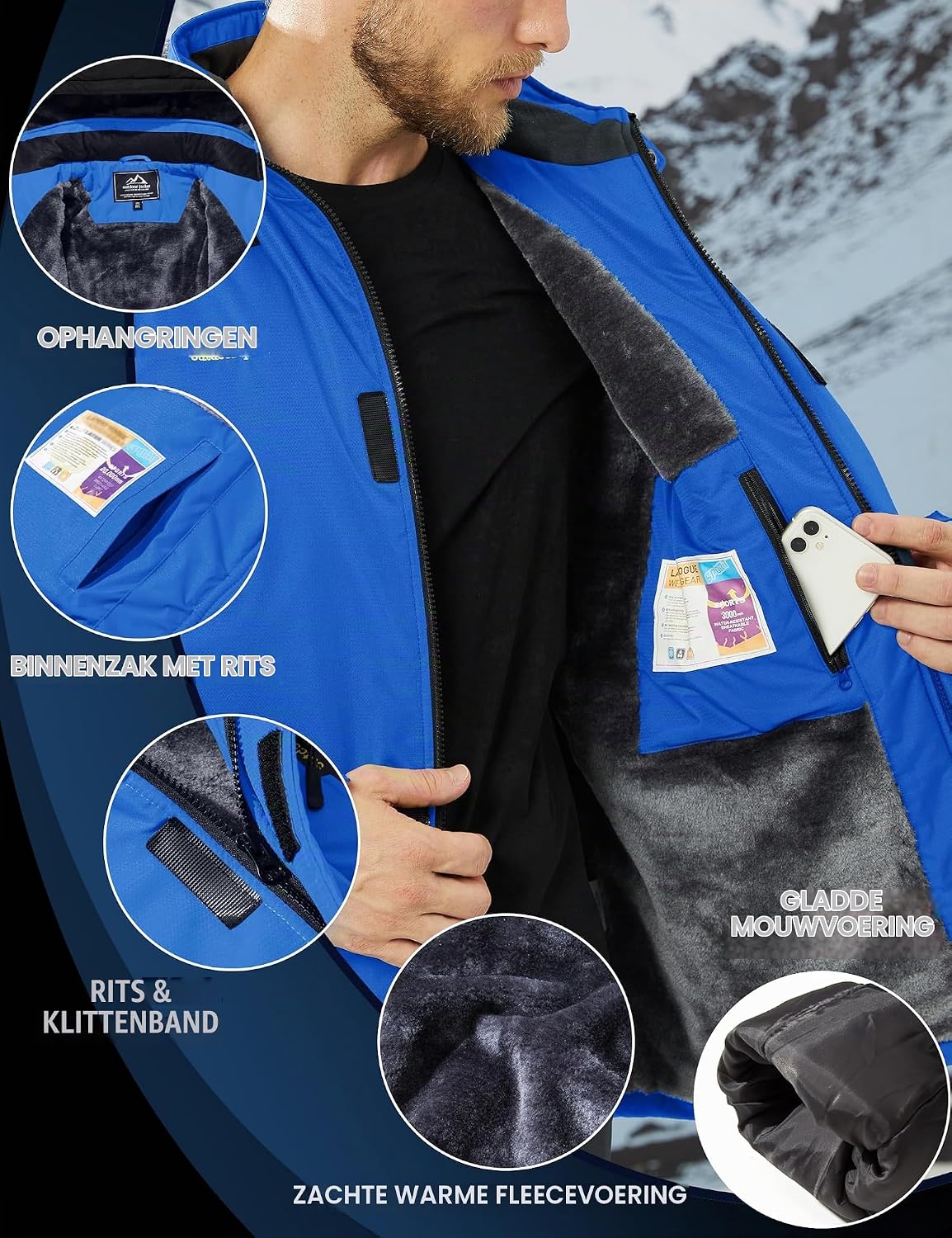 Detalle de TACVASEN TAC-816-32-1 herenwinterjas, waterdicht en winddicht met fleecevoering