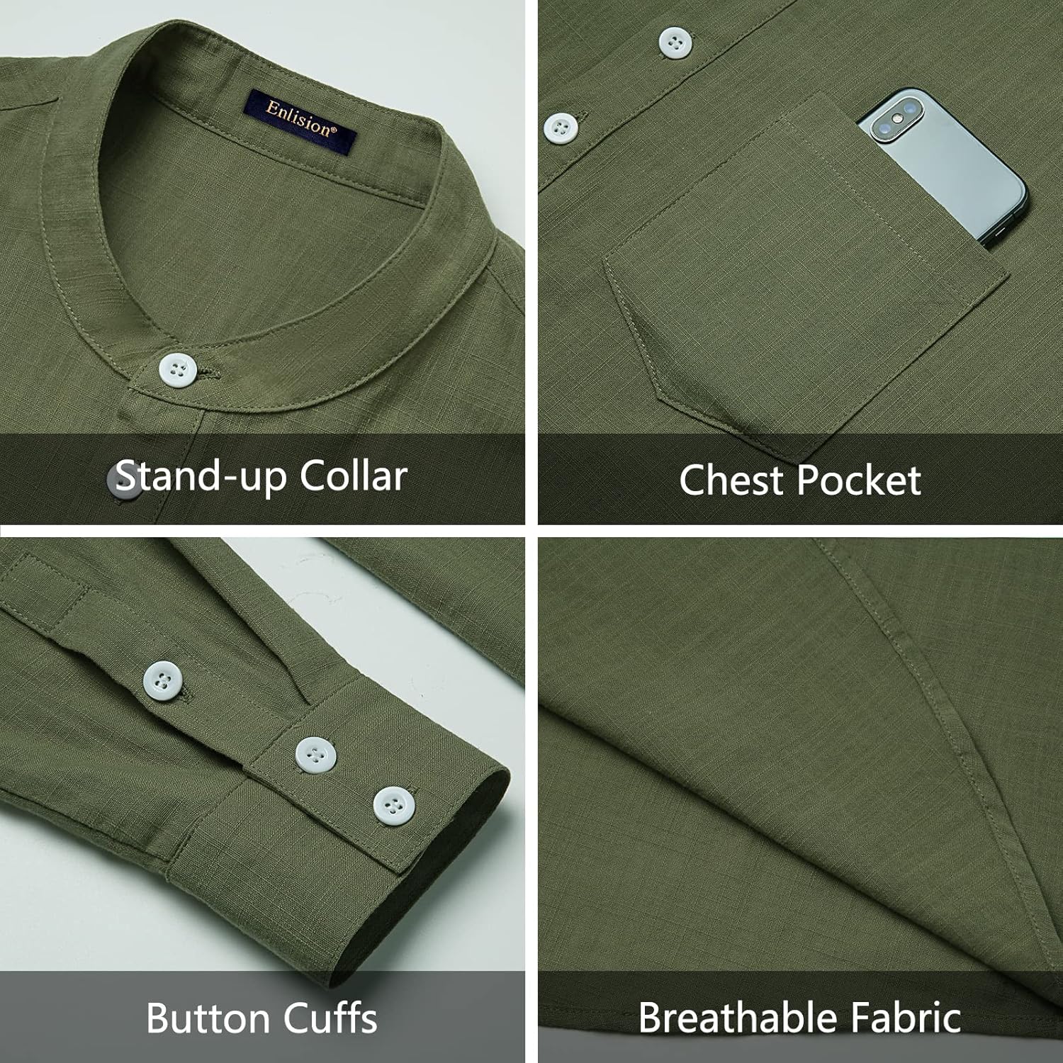 Thumbnail 4 de Enlision Herren Baumwolle-Leinenhemd (Langarm, Regular Fit) – Sommerhemd mit Henley-Kragen