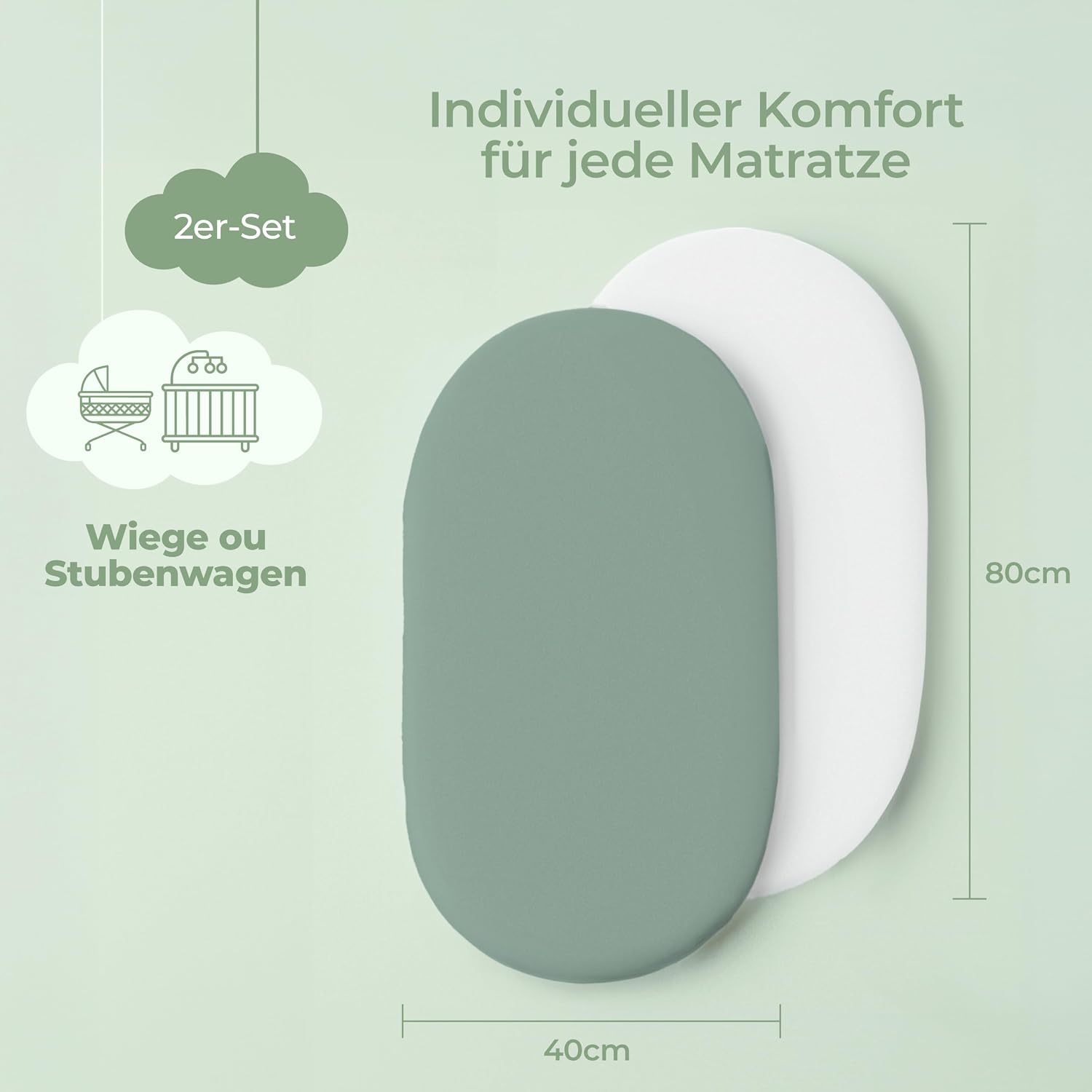 Thumbnail 1 de Dreamzie 2er Set Spannbettlaken 50x83 cm für Kinderwagen, Kapuze & Reisebett – Oeko-Tex Baumwolle, Salbei/Weiß
