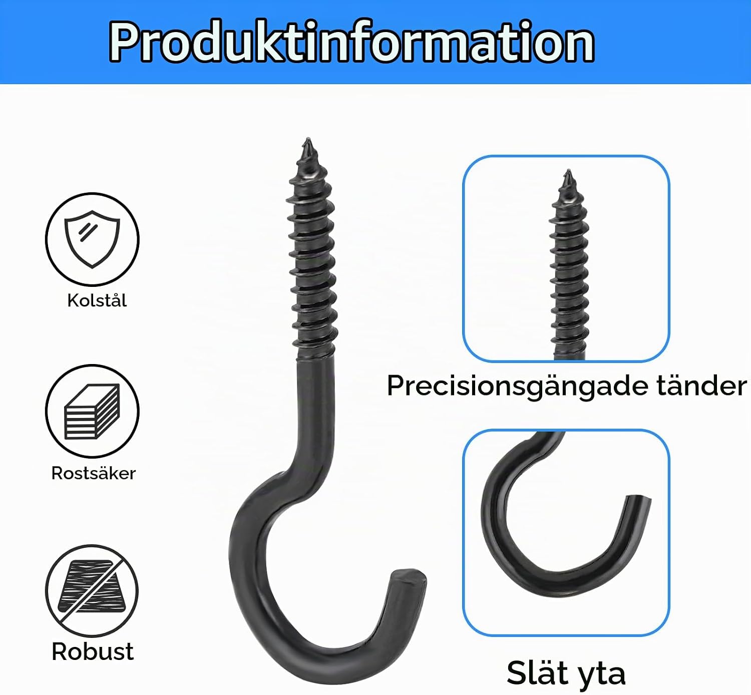 Detalle de Behiruch skruvkrokar, 20-pack i svartlackerat kolstål, 40 × 17 × 3 mm