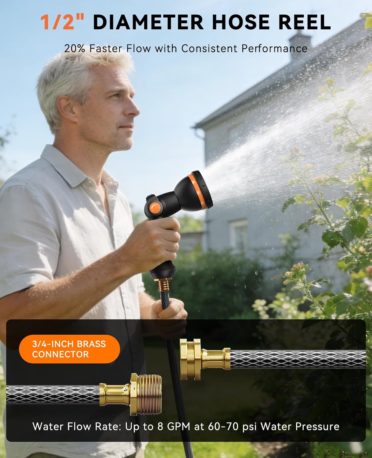 Detalle de SUNPOW Retractable Garden Hose Reel, 1/2 in x 100 ft, 10-Pattern Nozzle