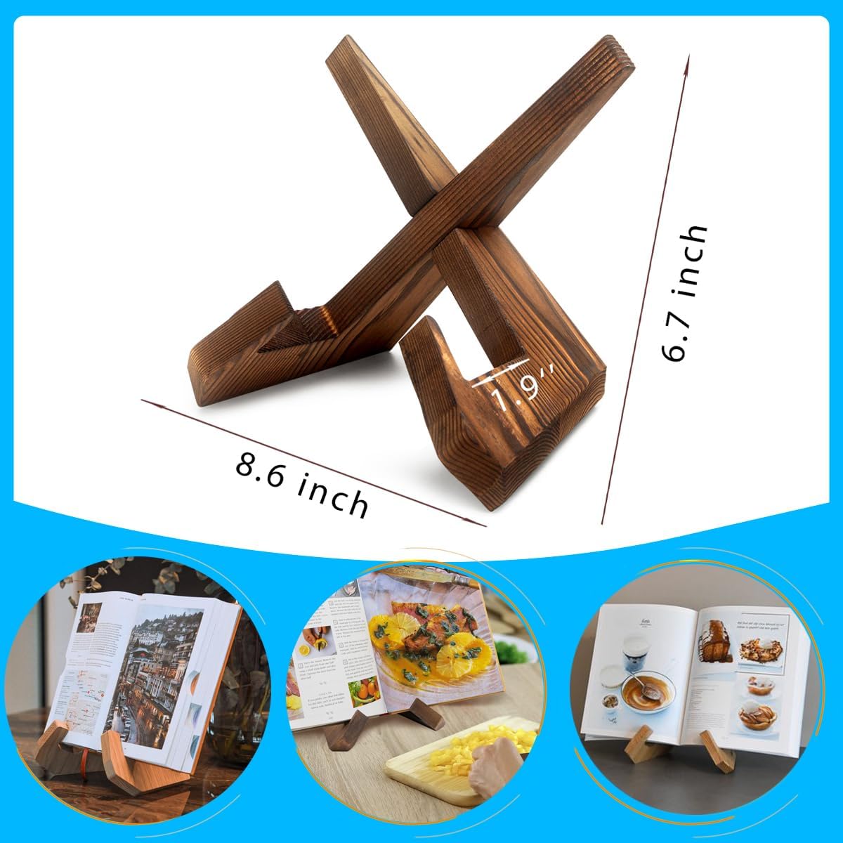 Detalle 2 de masteymoh houten kookboekhouder, bruin met landelijke stijl en opvouwbaar kruisframe