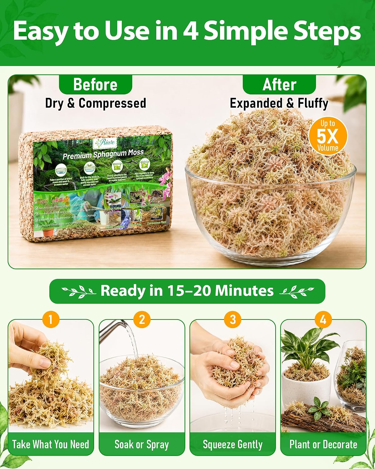 Detalle de Riare Natürliche Terrarium Moos 5.3 oz Sphagnum Moss, Long-Fibre Block