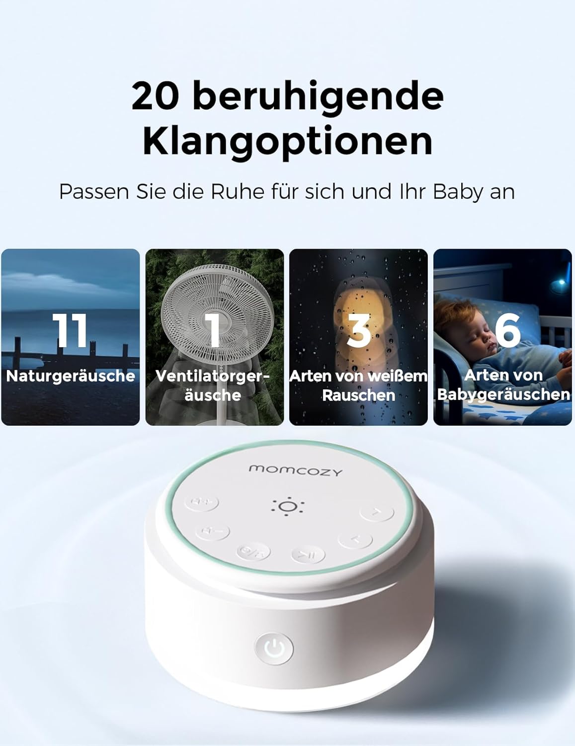 Detalle de Momcozy Sound Machine für Babys – 20 beruhigende Klänge & Touch-Licht mit Schlaf-Timer und Speicher