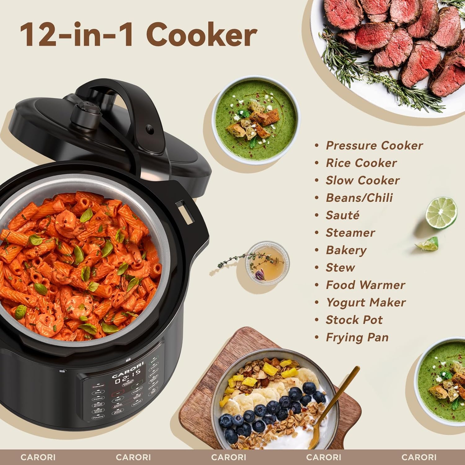 Detalle 2 de 12-in-1 8-Quart Electric Pressure Cooker (1200W) by CARORI: All-in-One Multi-Cooker