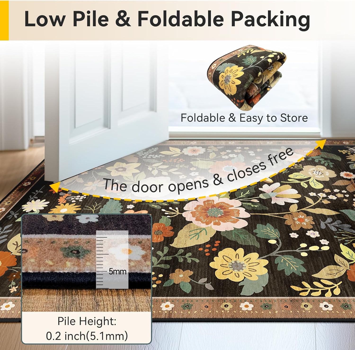 Detalle de RELEANY d-greenfield Floral Washable 5' x 7' Area Rug, Low-Pile