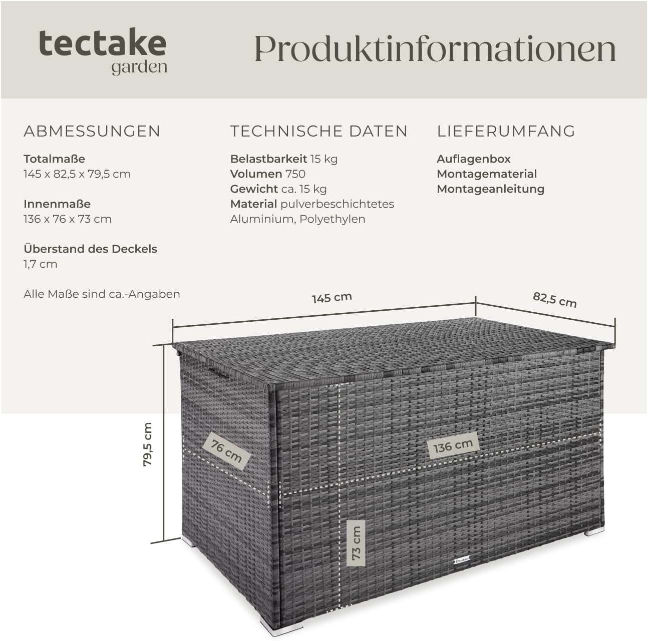Thumbnail 6 de tectake Aluminium-Polyrattan Aufbewahrungsbox 750L – wetterfest, rostfrei, mit Deckel und Gasdruckfedern