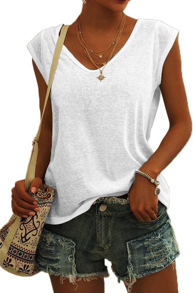 Detalle de GeGekoko Damen T-Shirt Kurzarm V-Ausschnitt Flügelärmel – Basic Sommershirt