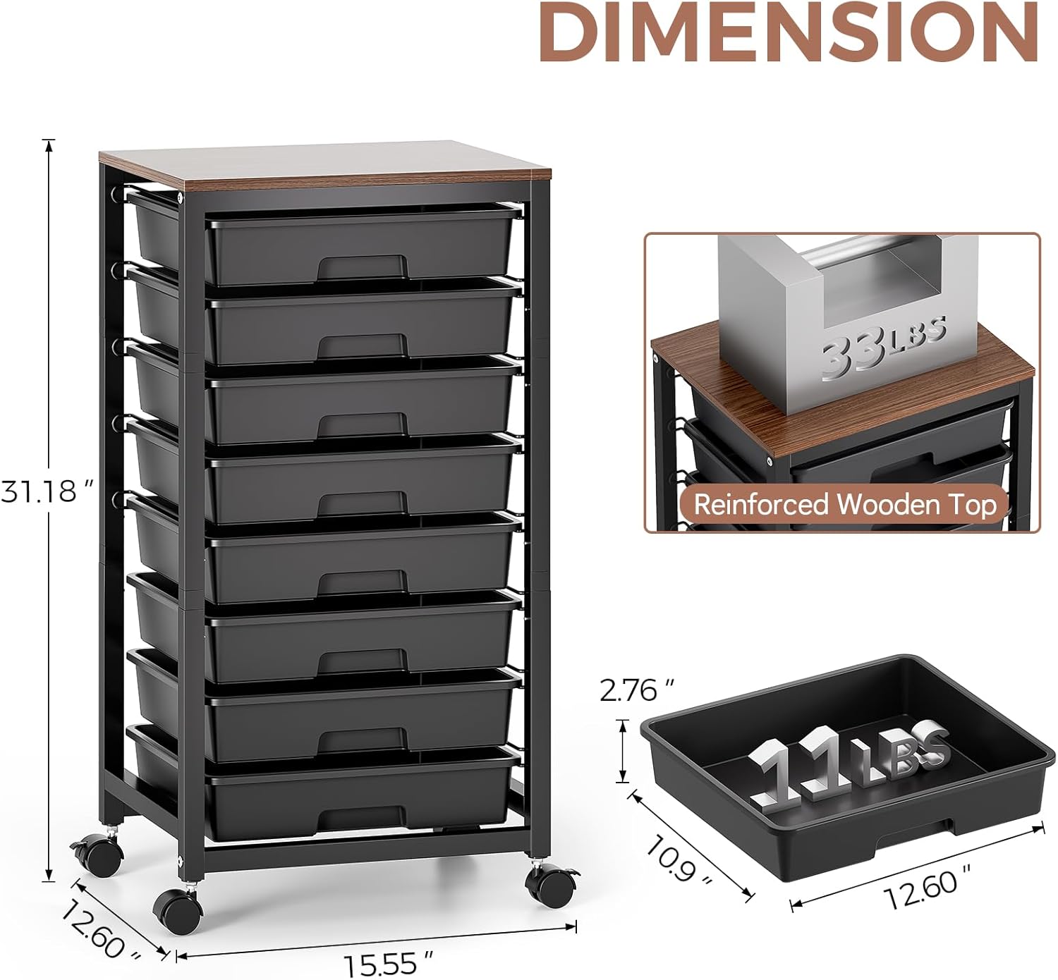 Detalle de SYKIARIOL 1250-BLACK Rolling Storage Cart with 8 Drawers and Wooden Tabletop