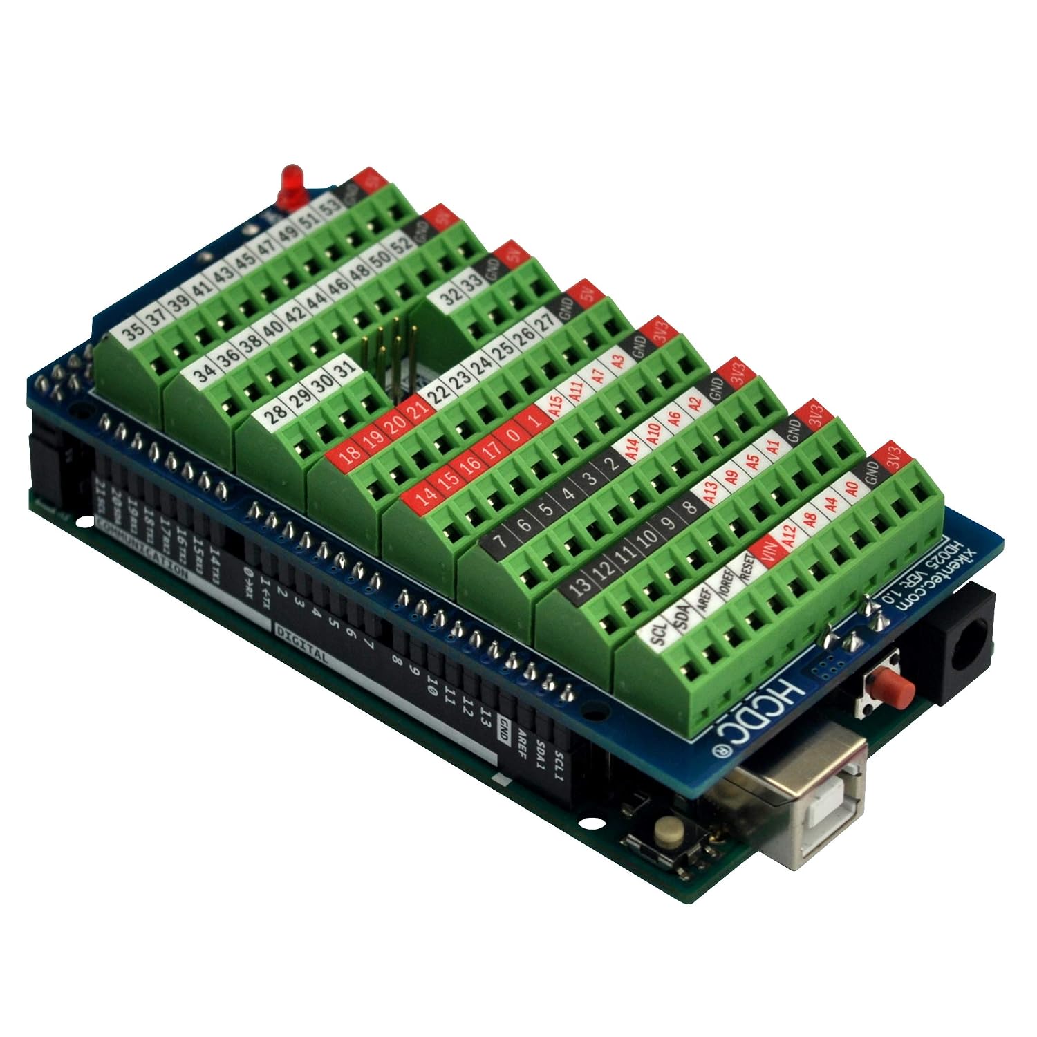 Detalle de HCDC HD025 Arduino MEGA-2560 R3用ねじ端子台ブレークアウトシールド、3.5mmピッチ・電源LED付き