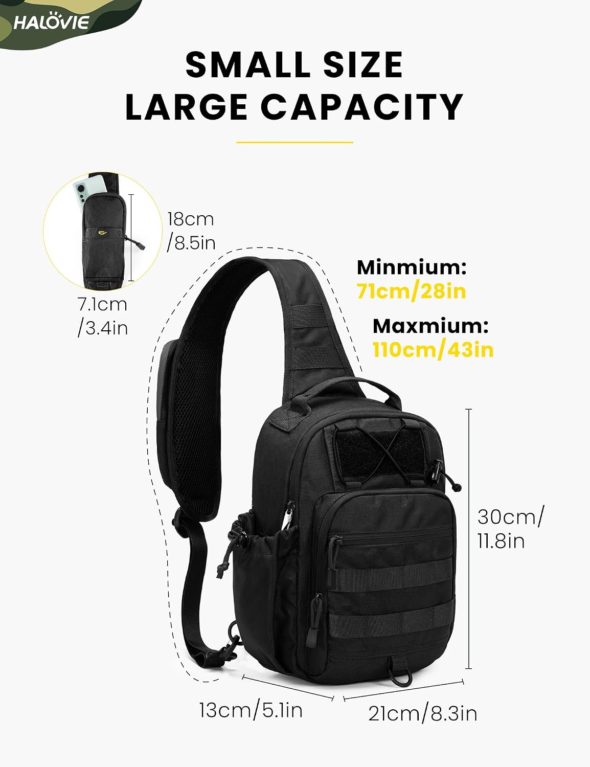Detalle de HALOVIE Taktische Brusttasche Herren Sling Bag – Anti-Diebstahl, MOLLE, 8 L, 600D Nylon