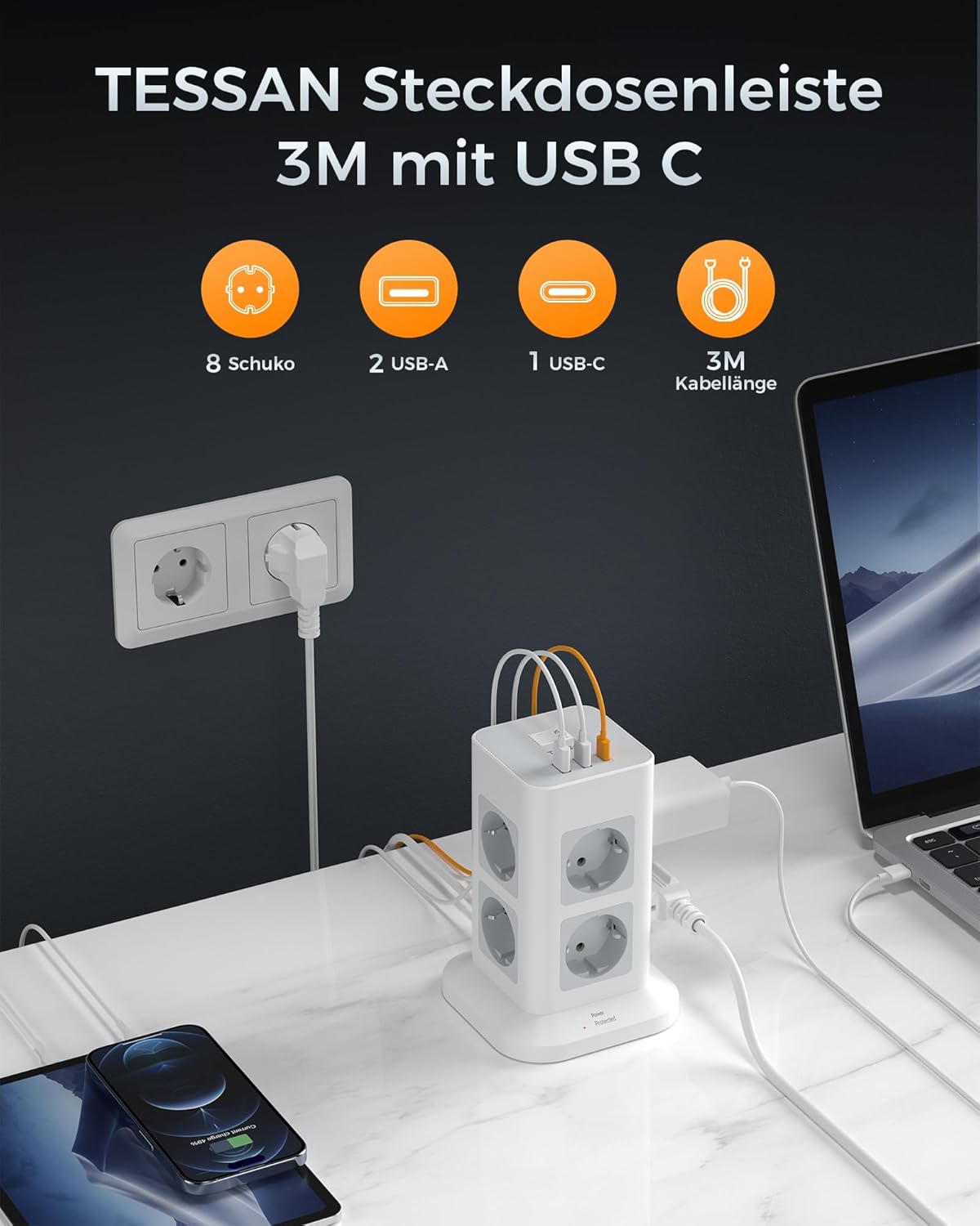 Thumbnail 1 de TESSAN 8‑fach Mehrfachsteckdose mit USB‑C 3600W 🔌