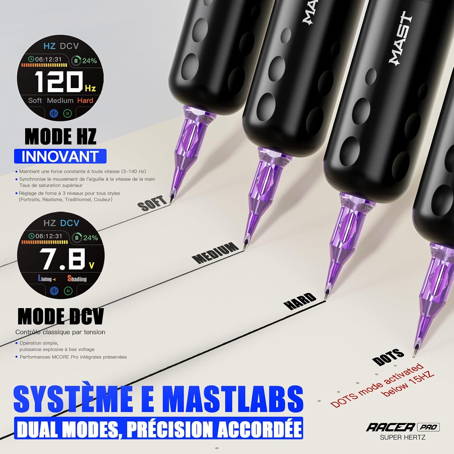 Detalle 2 de MAST TATTOO Mast Racer Pro Kit — machine à tatouer sans fil avec 20 aiguilles, 2 batteries et encre noire