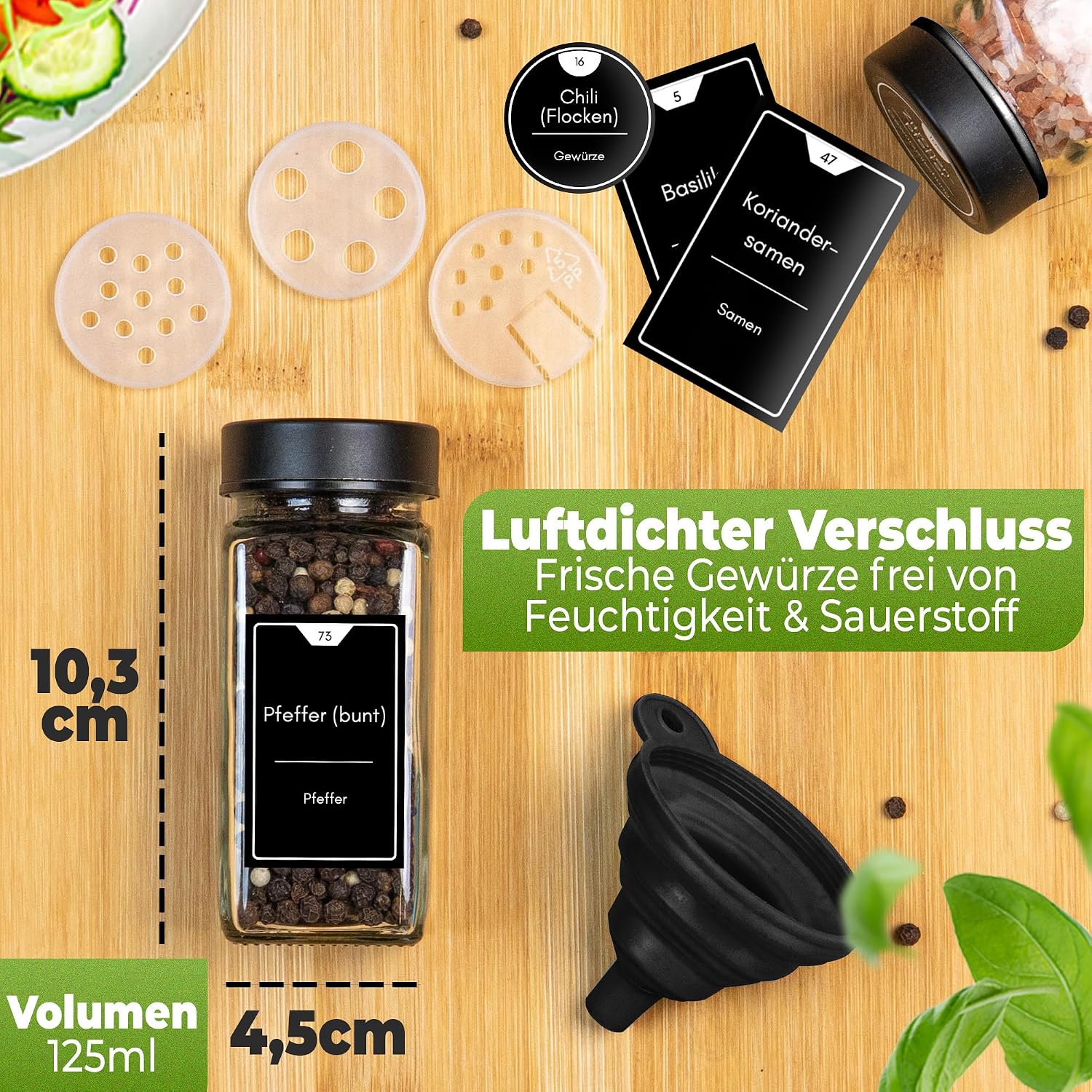 Detalle de CLIDOR Gewürzgläser eckig, 24 × 125 ml – luftdicht, mit Streueinsatz & 248 Etiketten