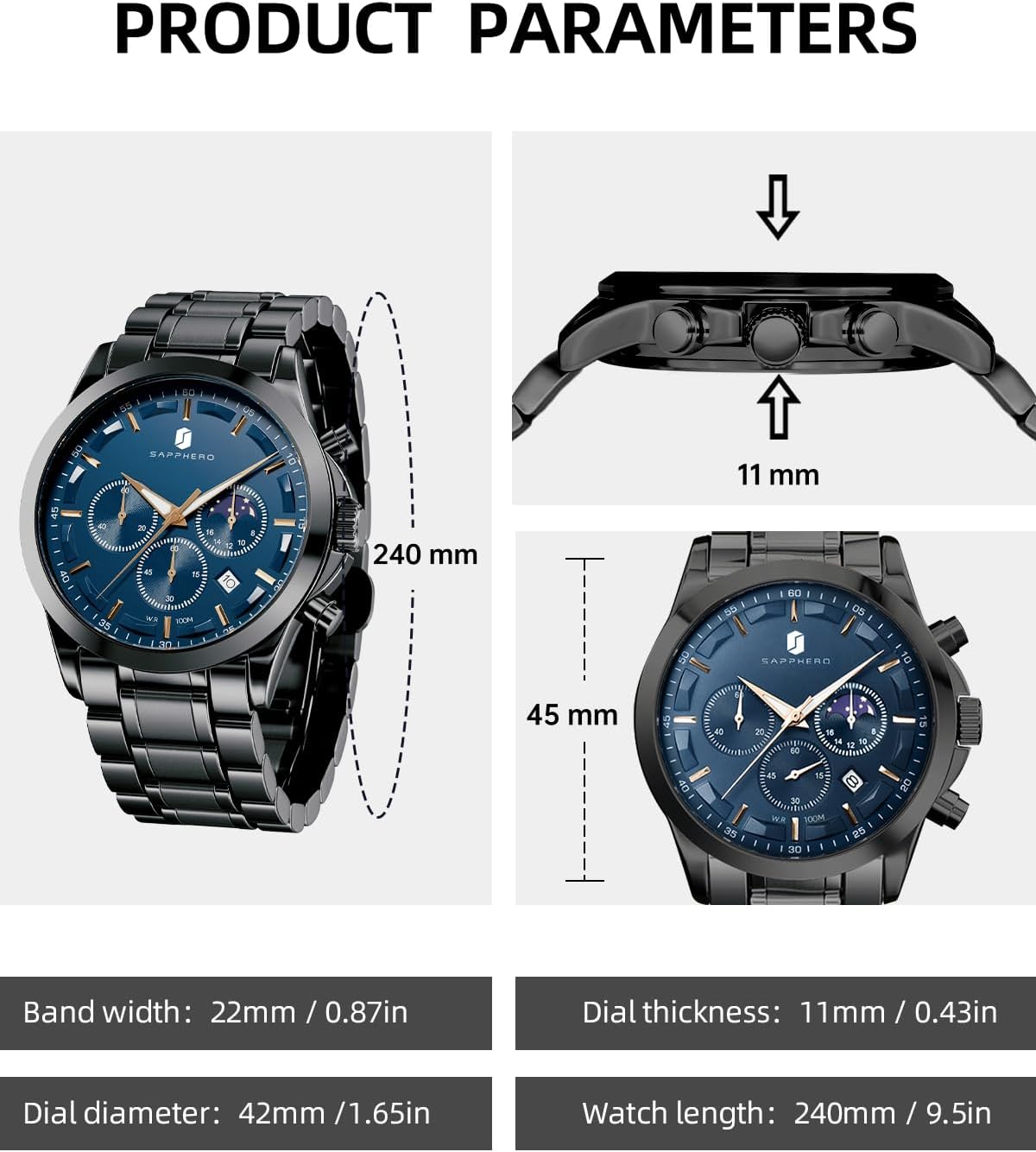 Detalle de BENYAR Montre Homme Chronographe Étanche avec Calendrier — Bracelet Cuir/Acier Inoxydable