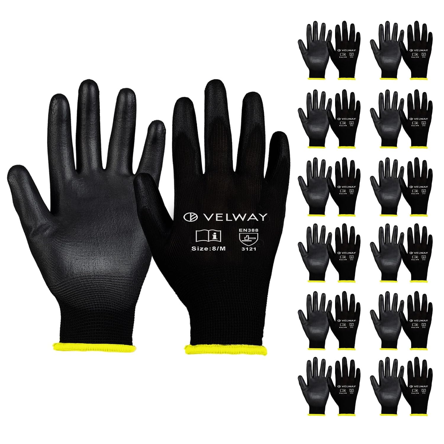 Detalle de Velway 12 Pairs Safety Work Gloves – PU Coated, Lightweight Breathable For Men and Women, Size M (8) – Non-Slip Grip