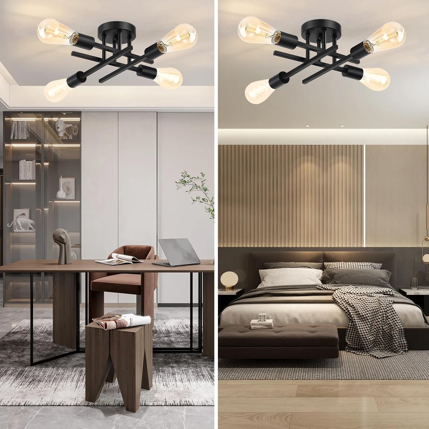 Detalle de Maichixin 4-Light Semi-Flush Mount Ceiling Light, Matte Black Metal
