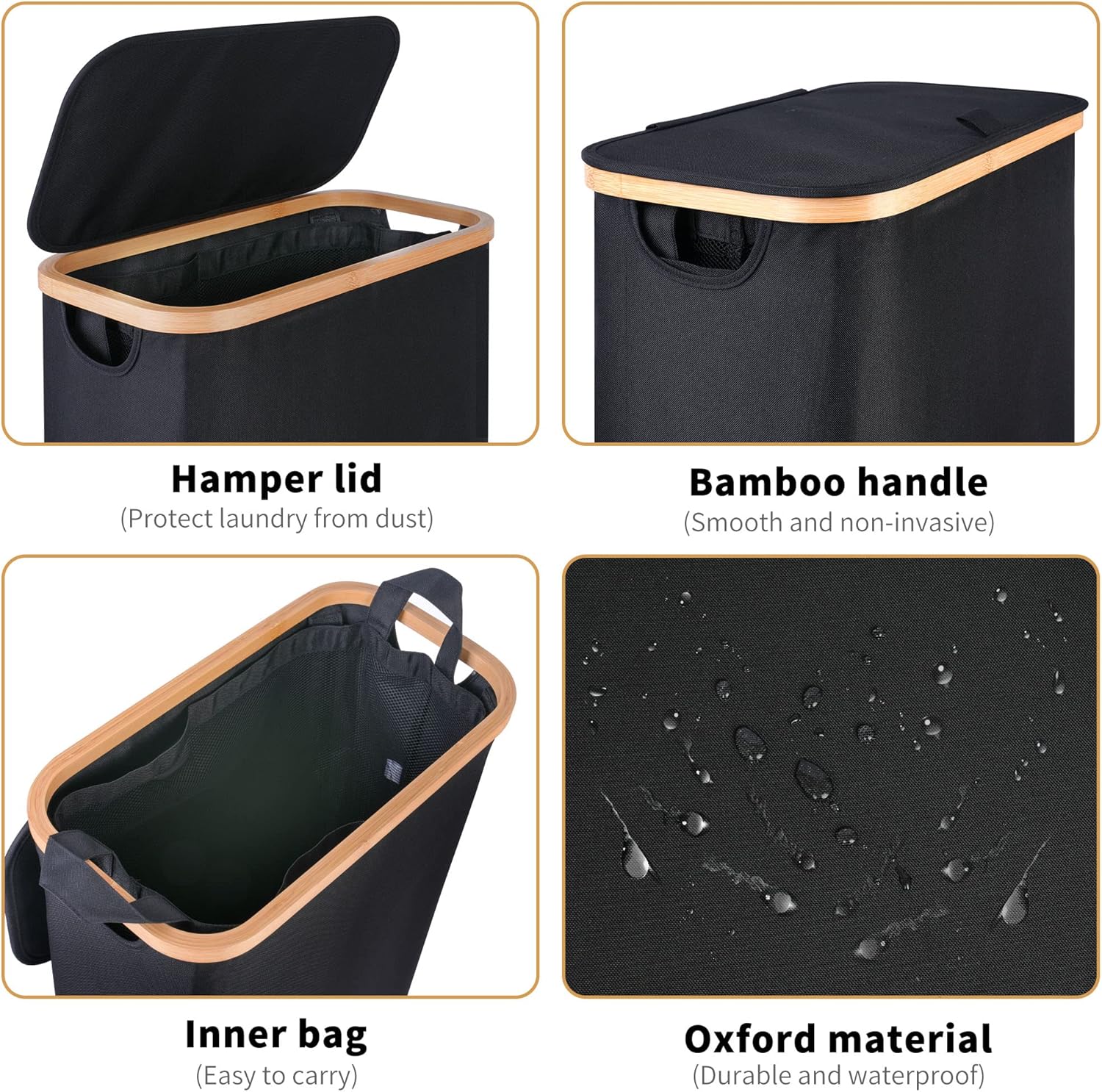 Detalle 2 de iEGrow 60L black laundry hamper, slim fabric basket with bamboo handles
