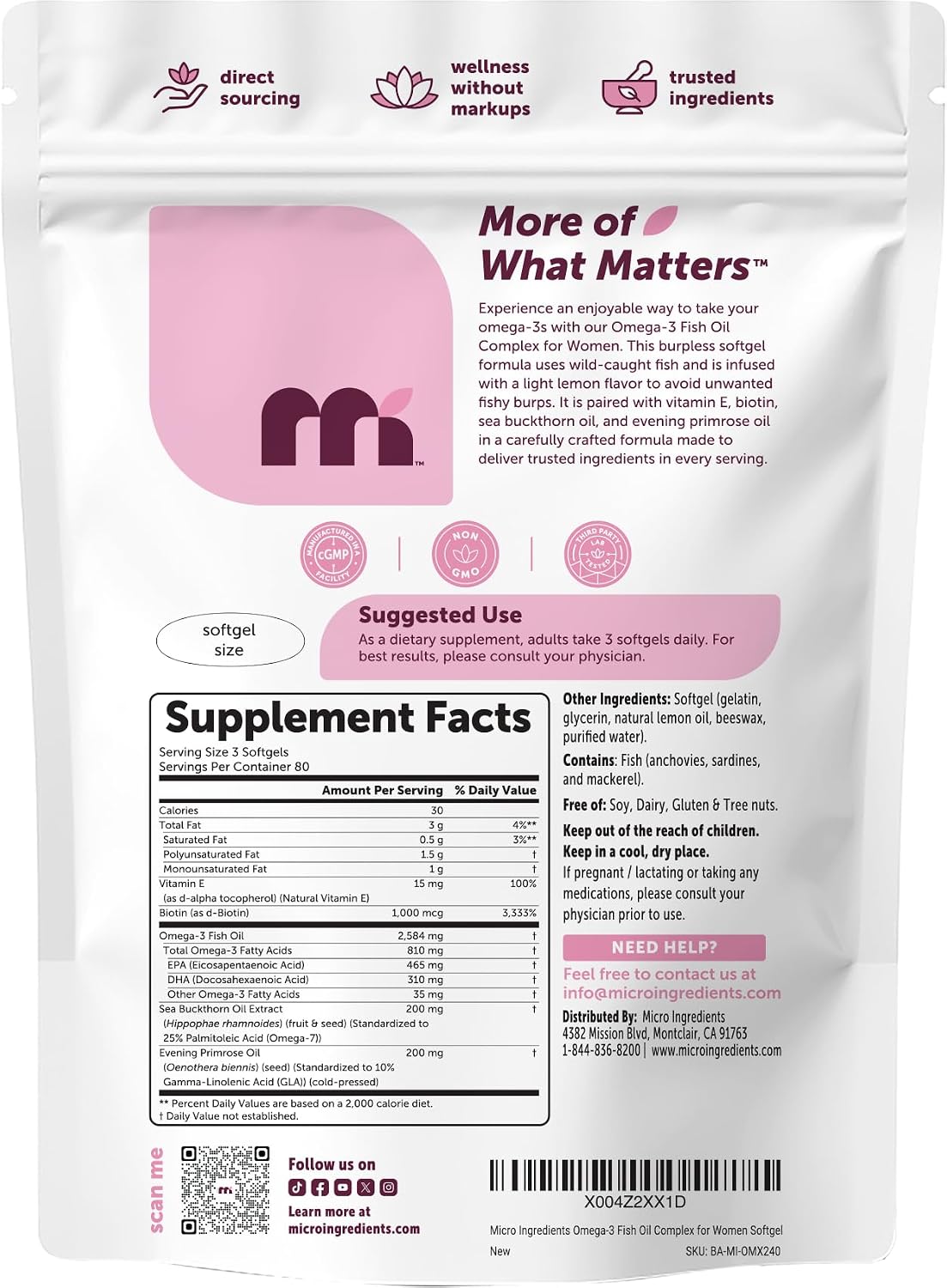 Detalle 2 de Micro Ingredients Omega-3 Fish Oil, 240 Softgels