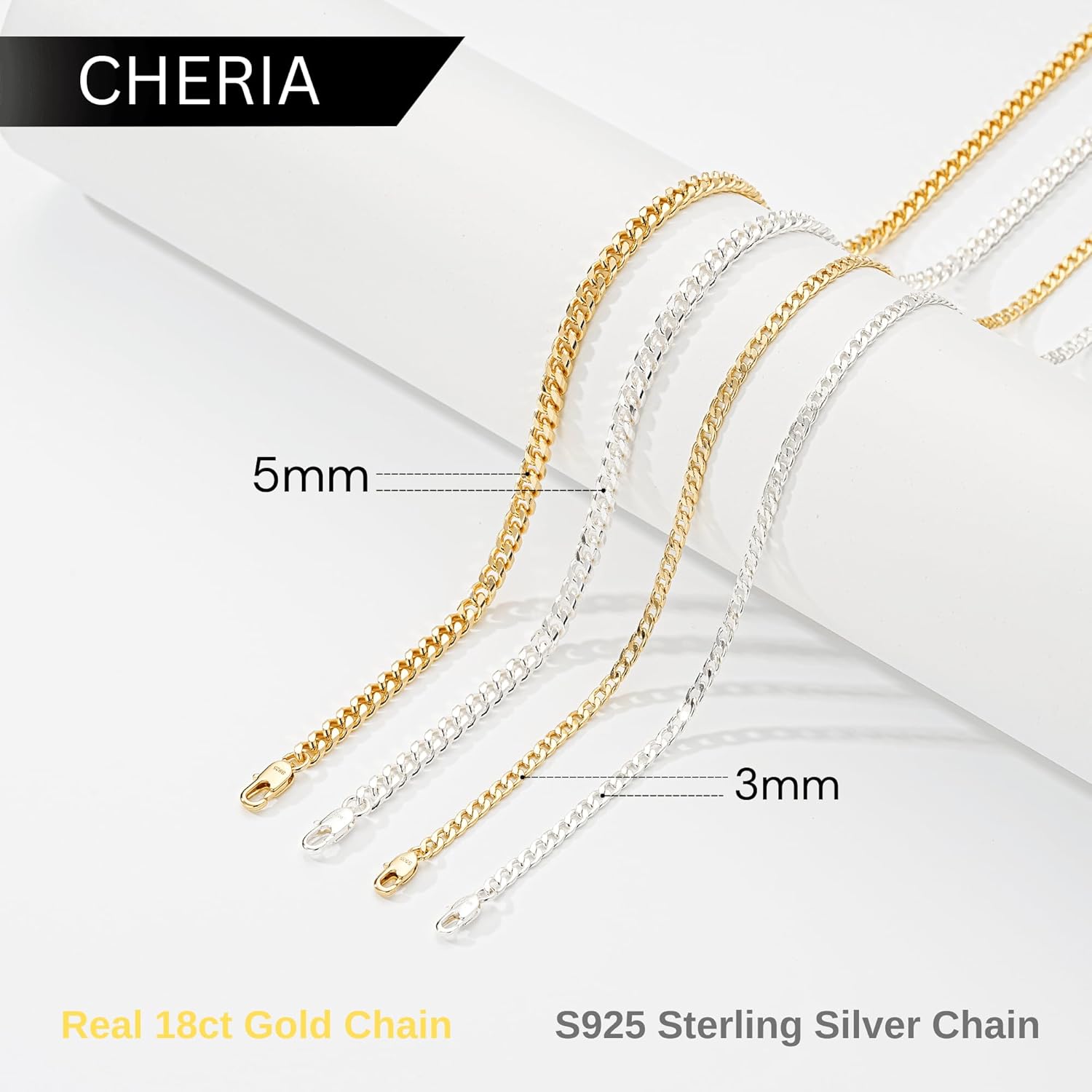 Thumbnail 1 de Cheria 3/5mm Silberkette Herren – 925 Silber oder 17k Gold, Panzer-/Figaro-Kette, 45–60 cm