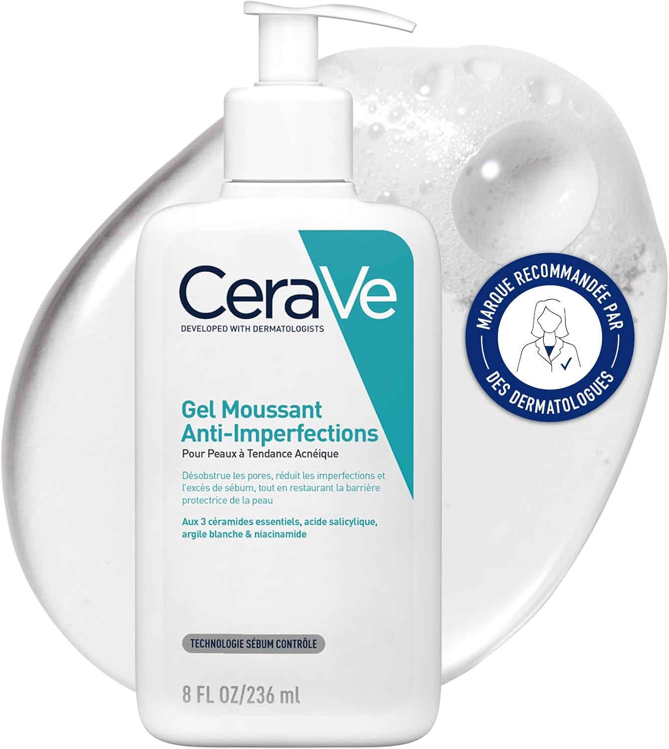 Detalle de CeraVe Gel Moussant Anti-Imperfections 2% Acide Salicylique – Nettoyant purifiant pour peau grasse et réactive