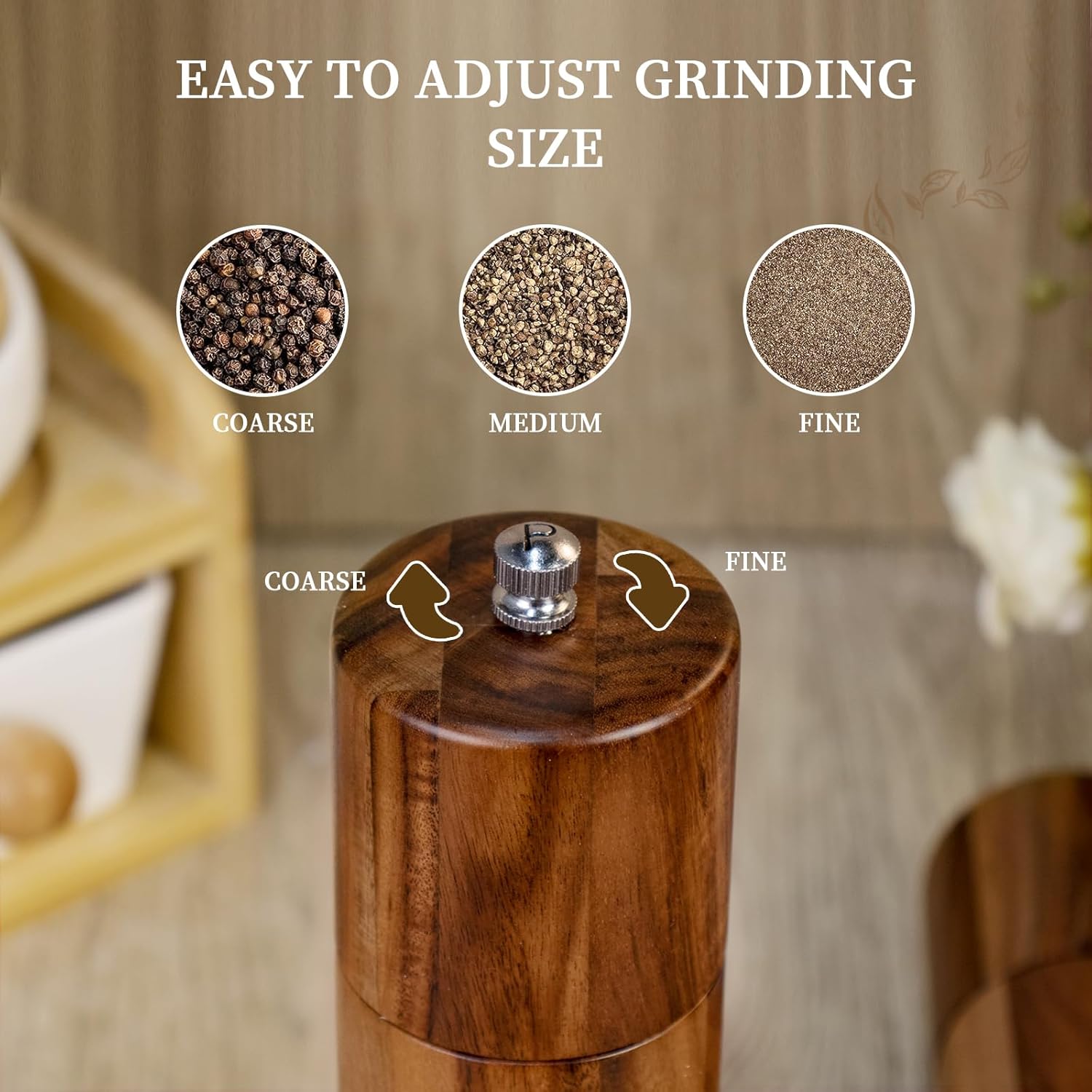 Detalle 2 de Haomacro Acacia Wood Salt and Pepper Grinder Set, 8-Inch, Refillable