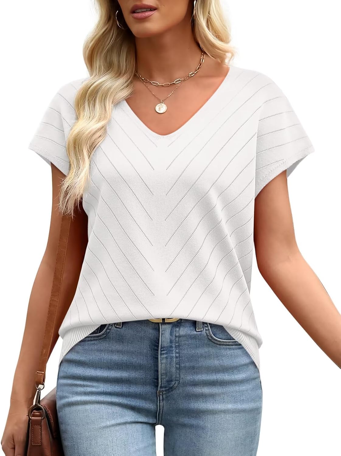 Detalle 2 de WIHOLL Damen Pullover Kurzarm mit V-Ausschnitt – leichtes Stretch-Strickshirt für Sommer & Büro