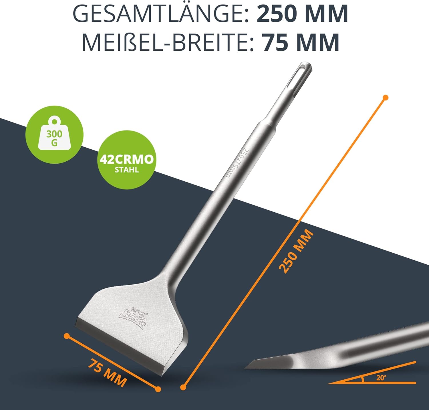 Thumbnail 4 de BAURIX Burin carrelage SDS Plus [250 x 75 mm] – FRAKTOR, acier 42CrMo, coupe ultra efficace