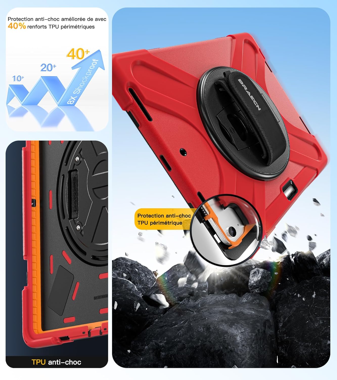 Thumbnail 6 de BRAECN Étui iPad Air 13 pouces avec film de protection, support 360° et dragonne (rouge) pour modèles M4/M3/M2